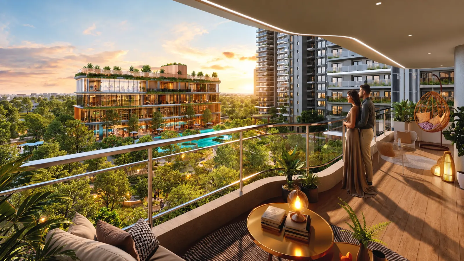 Wraparound balcony at Eldeco 7 Peaks overlooking the pools and gardens