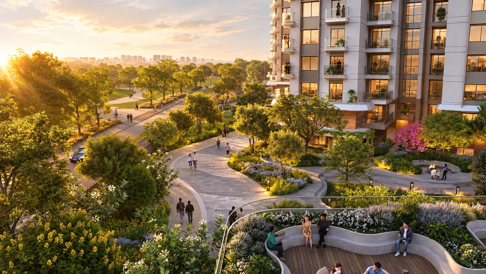 Landscaped walkways and social seating among the Eldeco 7 Peaks towers